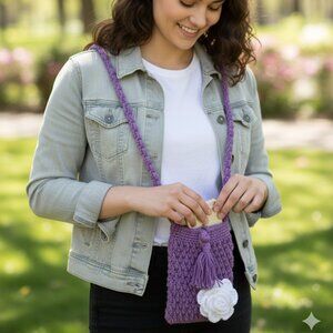Handmade Crochet Phone Bag with Tassel and Flower Charm New
